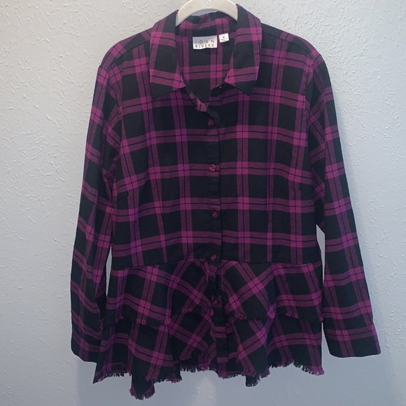 Joan Rivers Plaid Peplum Top Button Up Ruffle Fringe Hem Women’s Size 16 - Picture 2 of 8